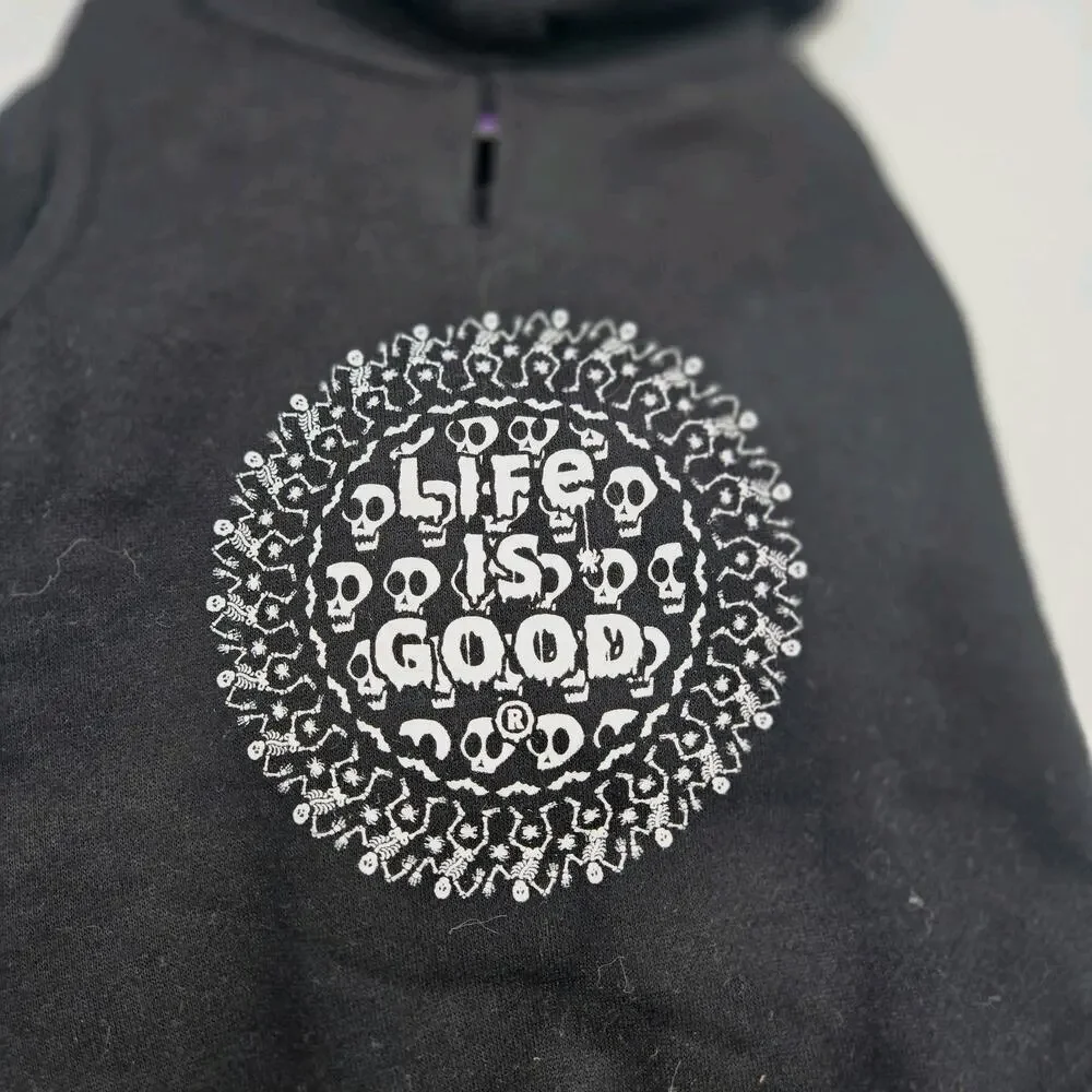 LIFE IS GOOD Dog Hoodie Skulls SMALL Black White Fleece GOTHCORE PUNK NEW!